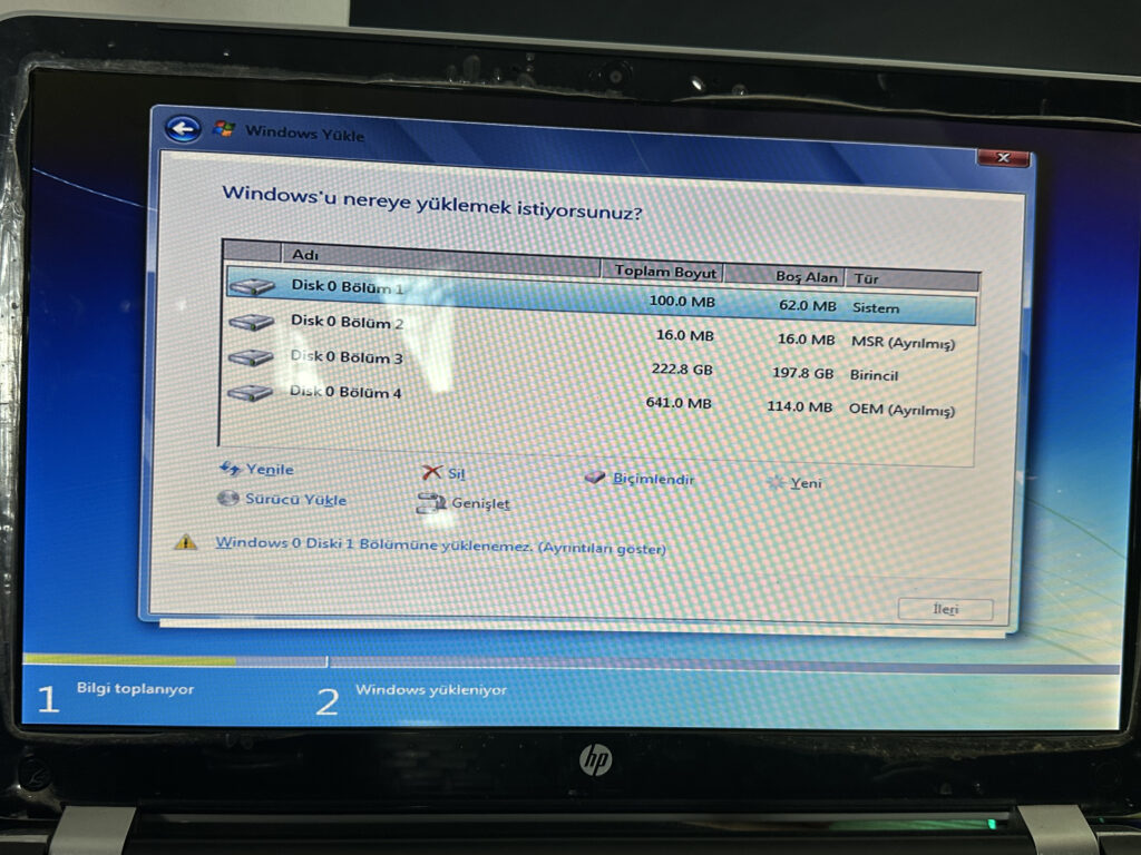 Windows 7 kurulum disk bolumlendirme