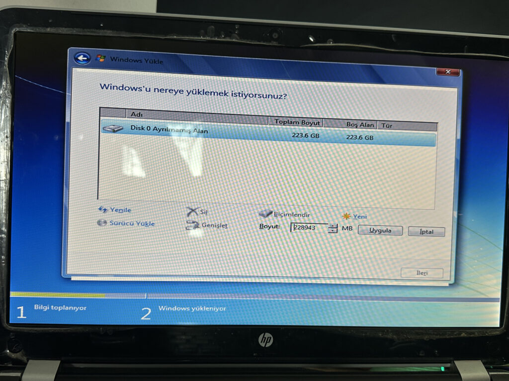 Windows 7 kurulum disk bolumlendirme 2