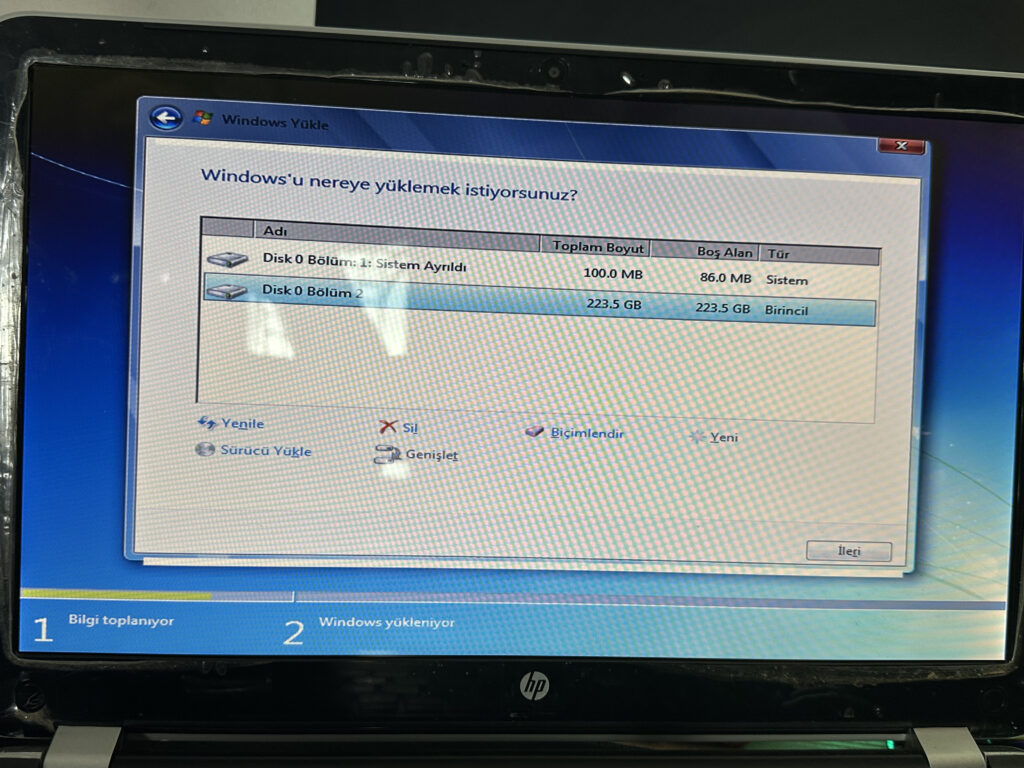 Windows 7 kurulum disk bolumlendirme mb verme