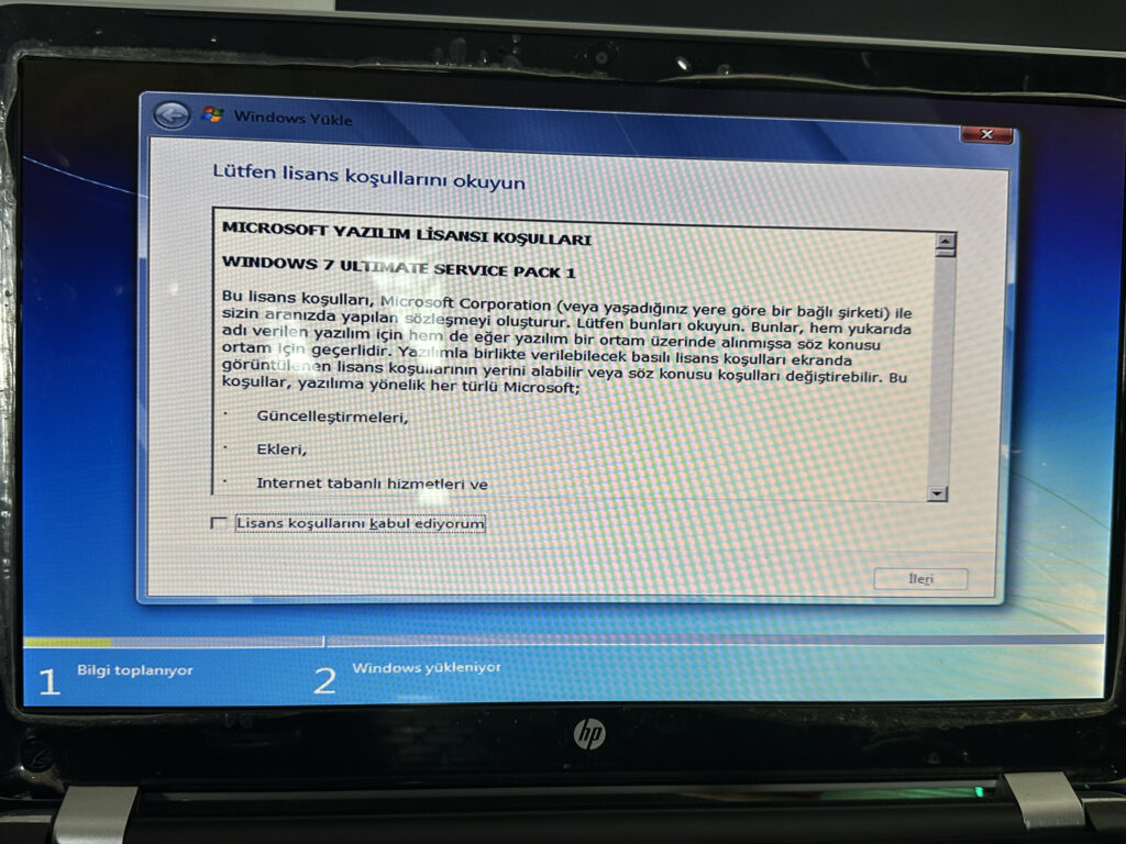 Windows 7 kurulum lisans kosullari
