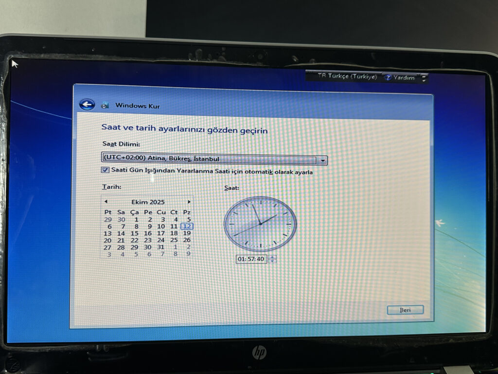 windows 7 kurulum saat dilimi