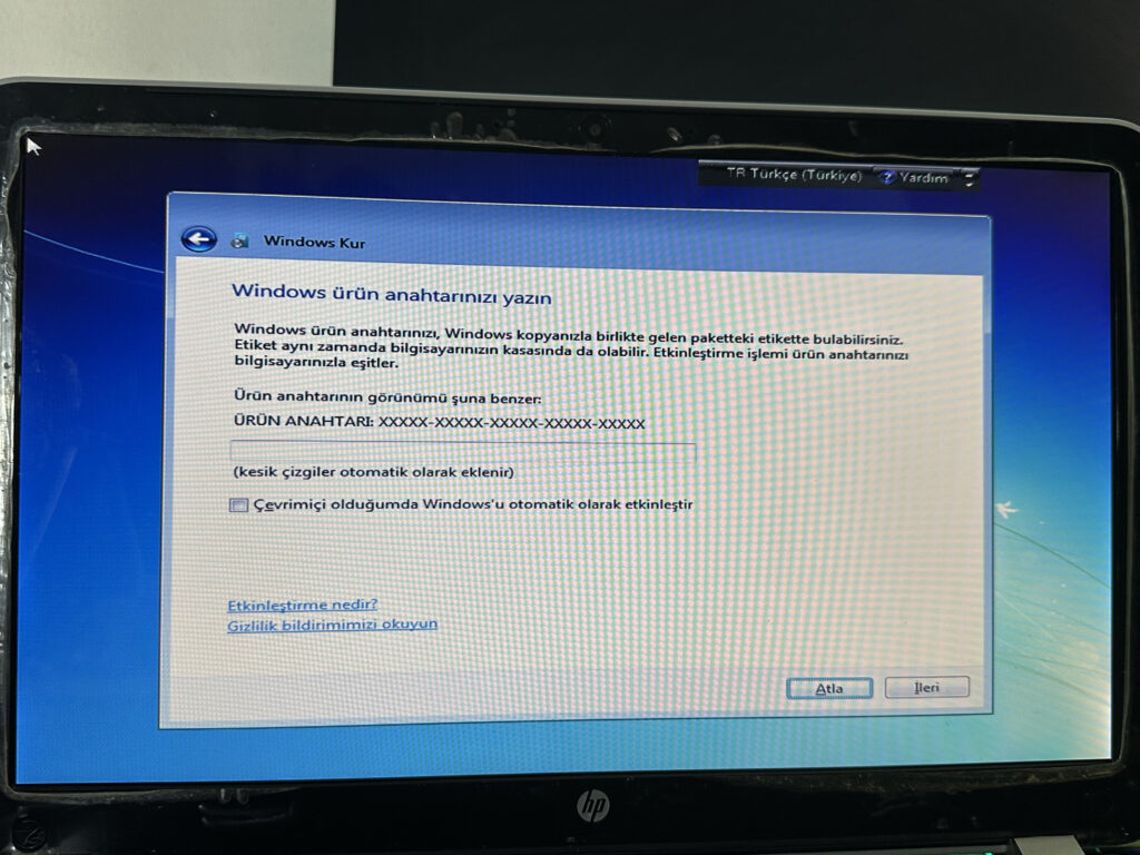 windows 7 kurulum urun anahtari