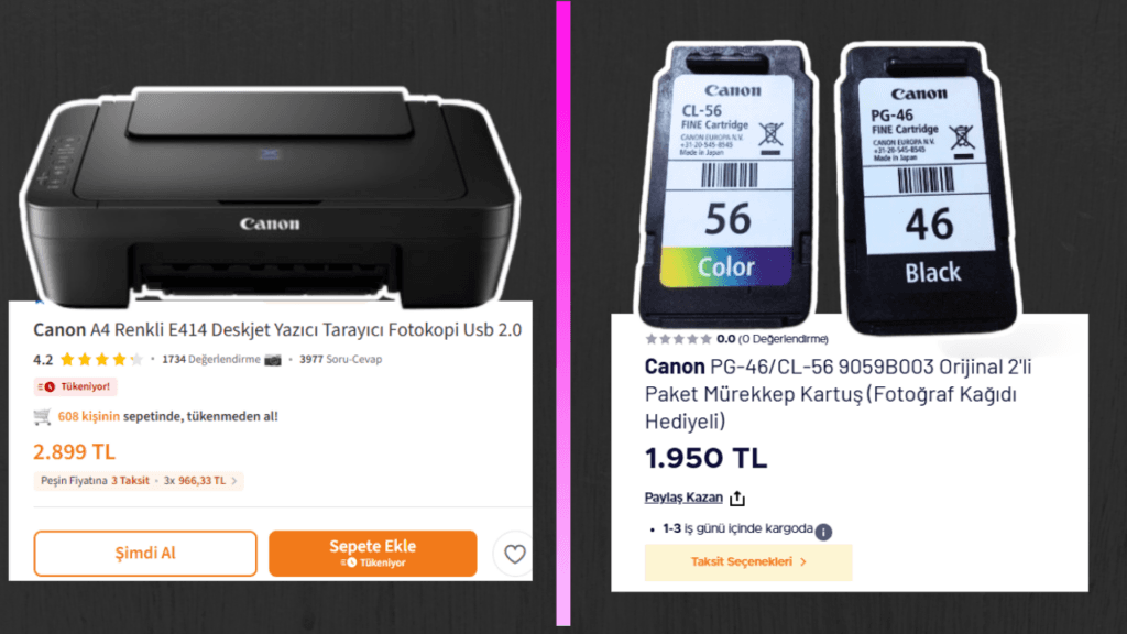 canon e414 yazici ve kartusu